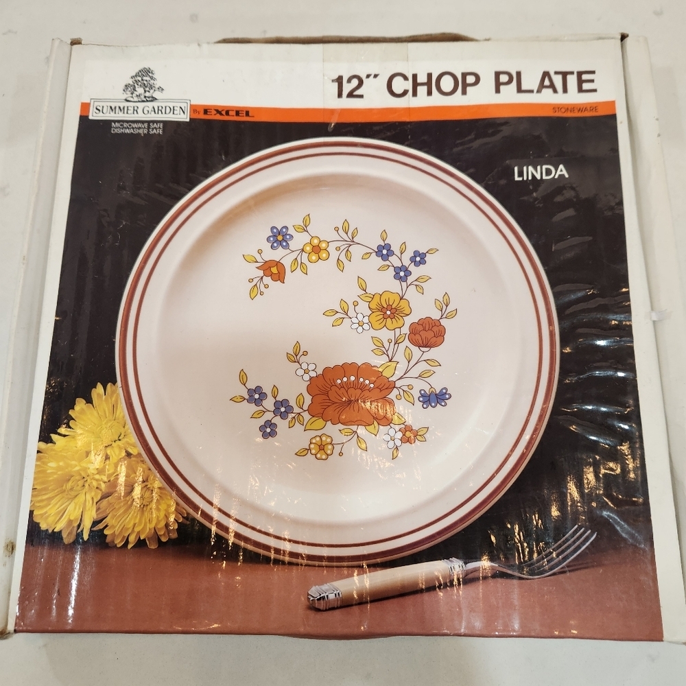 Vintage Summer Garden by Excel Linda 12" Chop Plate Floral Retro 70s Stoneware
